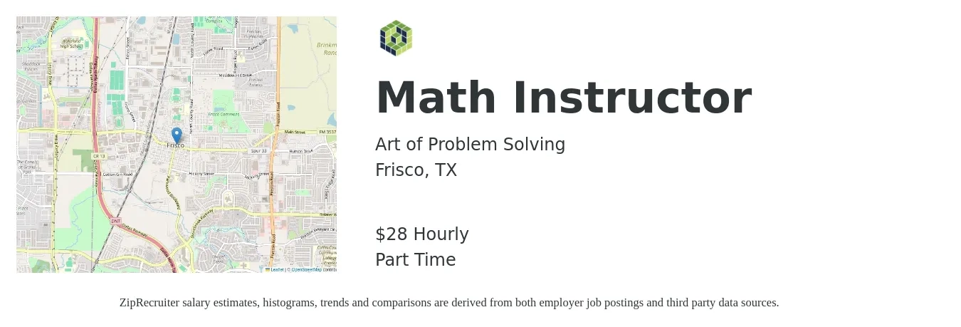Art of Problem Solving job posting for a Math Instructor in Frisco, TX with a salary of $30 Hourly with a map of Frisco location.