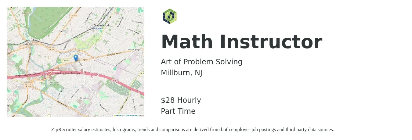 Art of Problem Solving job posting for a Math Instructor in Millburn, NJ with a salary of $30 Hourly with a map of Millburn location.