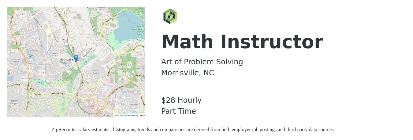 Art of Problem Solving job posting for a Math Instructor in Morrisville, NC with a salary of $30 Hourly with a map of Morrisville location.