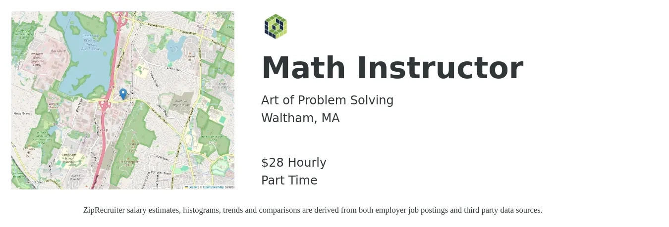 Art of Problem Solving job posting for a Math Instructor in Waltham, MA with a salary of $30 Hourly with a map of Waltham location.