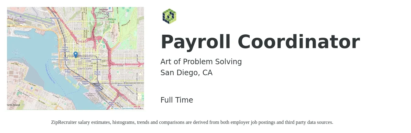 Art of Problem Solving job posting for a Payroll Coordinator in San Diego, CA with a salary of $24 to $32 Hourly with a map of San Diego location.