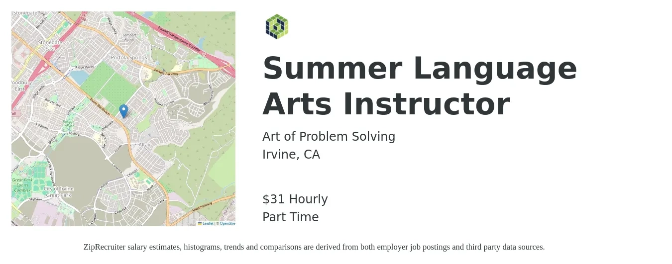 Art of Problem Solving job posting for a Summer Language Arts Instructor in Irvine, CA with a salary of $33 Hourly with a map of Irvine location.