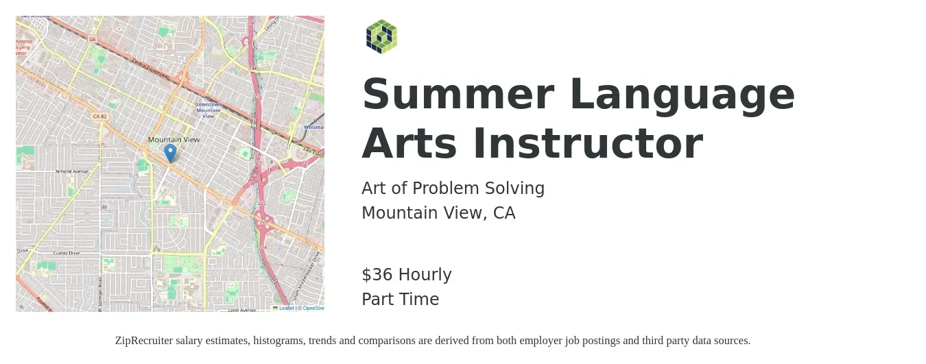 Art of Problem Solving job posting for a Summer Language Arts Instructor in Mountain View, CA with a salary of $38 Hourly with a map of Mountain View location.
