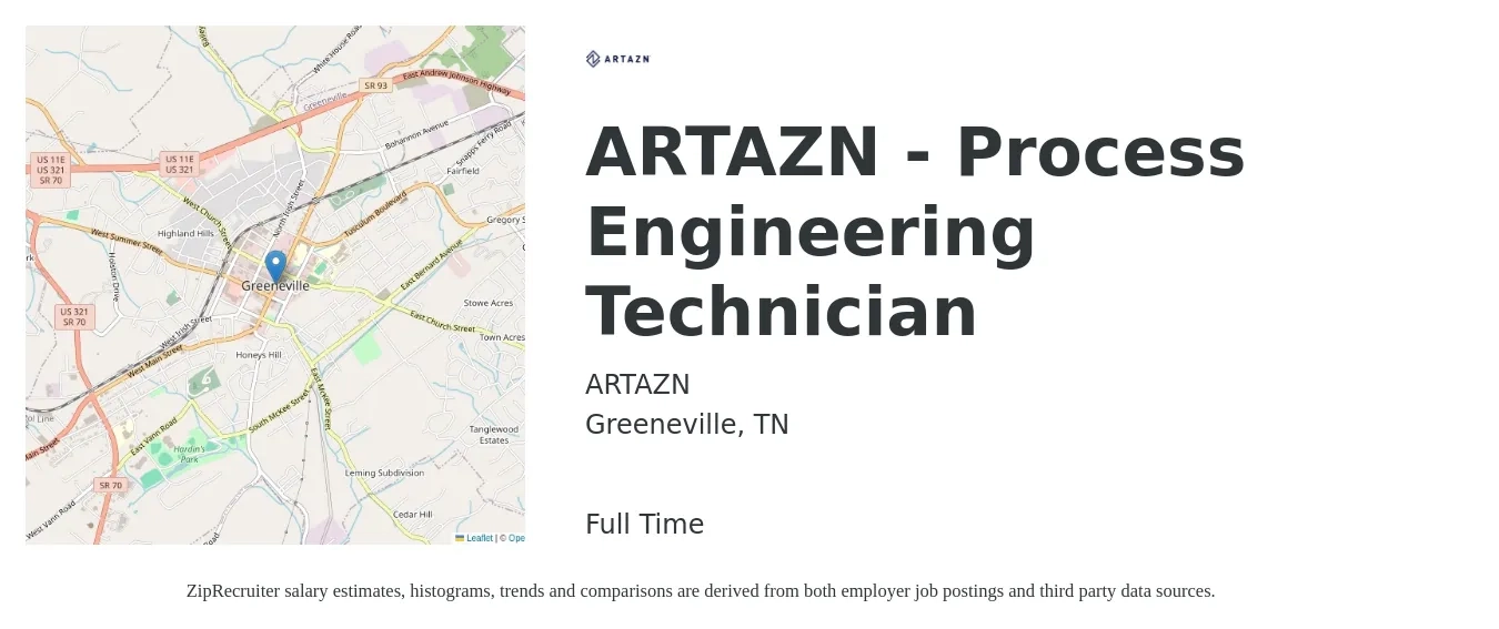 ARTAZN job posting for a ARTAZN - Process Engineering Technician in Greeneville, TN with a salary of $22 to $33 Hourly with a map of Greeneville location.