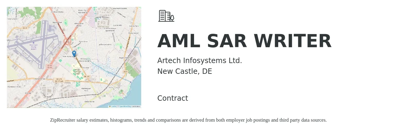 Artech Infosystems Ltd. job posting for a AML SAR WRITER in New Castle, DE with a salary of $19 to $28 Hourly with a map of New Castle location.