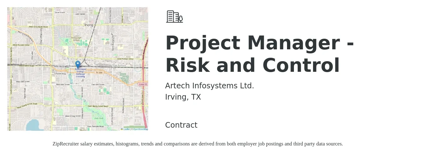 Artech Infosystems Ltd. job posting for a Project Manager - Risk and Control in Irving, TX with a salary of $81,600 to $137,800 Yearly with a map of Irving location.