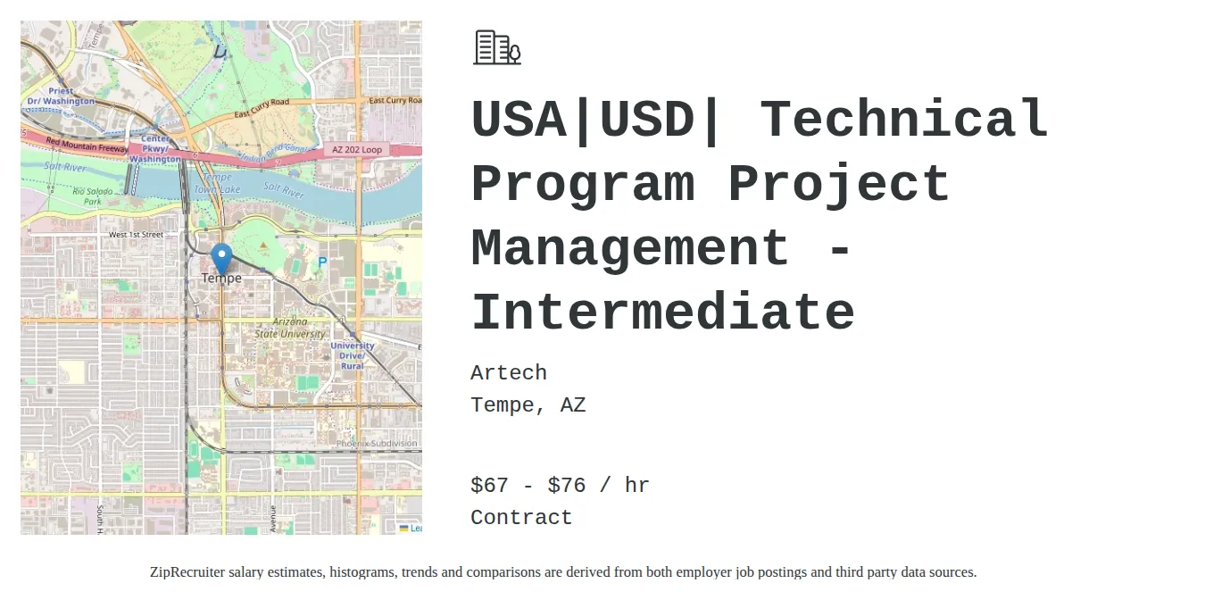 Artech job posting for a USA|USD| Technical Program Project Management - Intermediate in Tempe, AZ with a salary of $70 to $80 Hourly with a map of Tempe location.