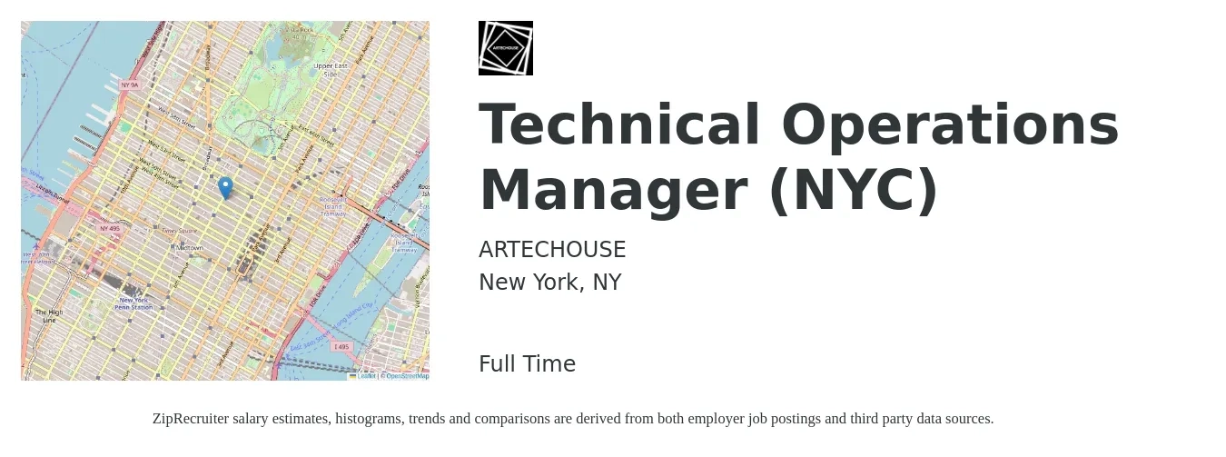 ARTECHOUSE job posting for a Technical Operations Manager (NYC) in New York, NY with a salary of $78,000 to $122,500 Yearly with a map of New York location.