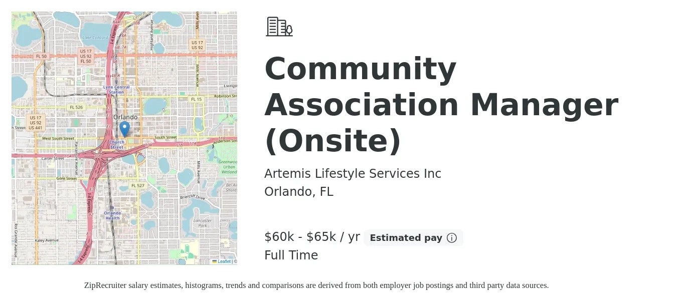 Artemis Lifestyle Services Inc job posting for a Community Association Manager Onsite in Orlando, FL with a salary of $60,000 Yearly with a map of Orlando location.