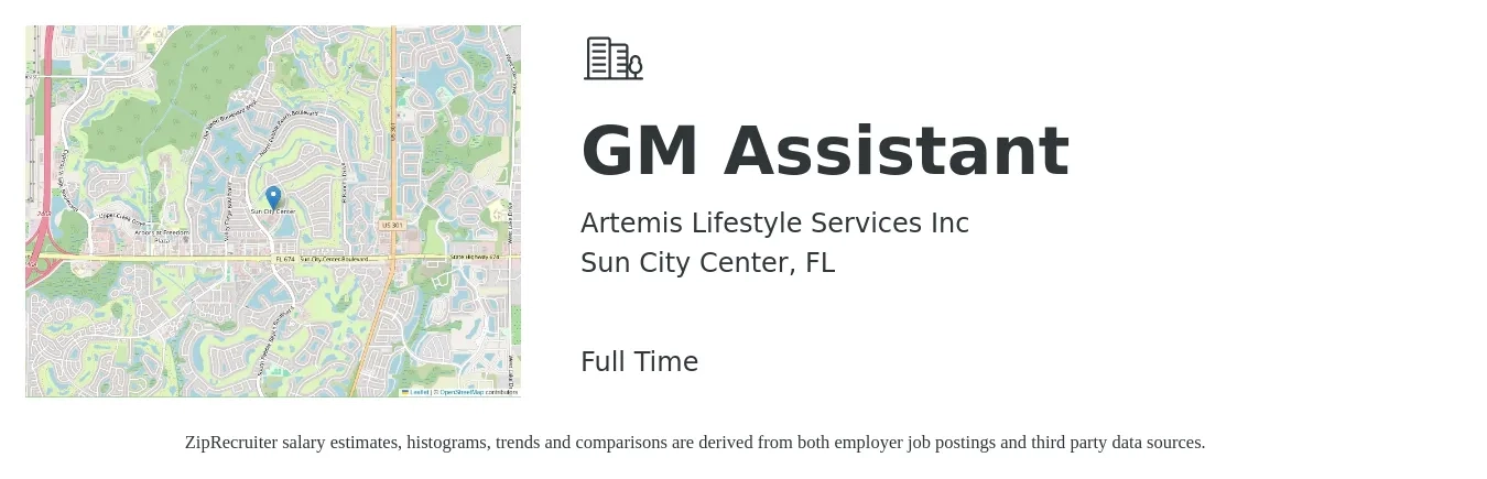 Artemis Lifestyle Services Inc job posting for a GM Assistant in Sun City Center, FL with a salary of $13 to $20 Hourly with a map of Sun City Center location.
