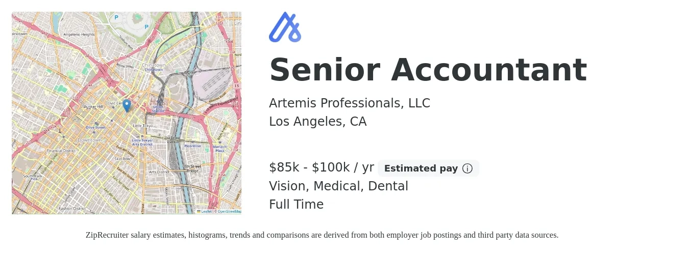 Artemis Professionals, LLC job posting for a Senior Accountant in Los Angeles, CA with a salary of $85,000 to $100,000 Yearly and benefits including medical, retirement, vision, dental, and life_insurance with a map of Los Angeles location.