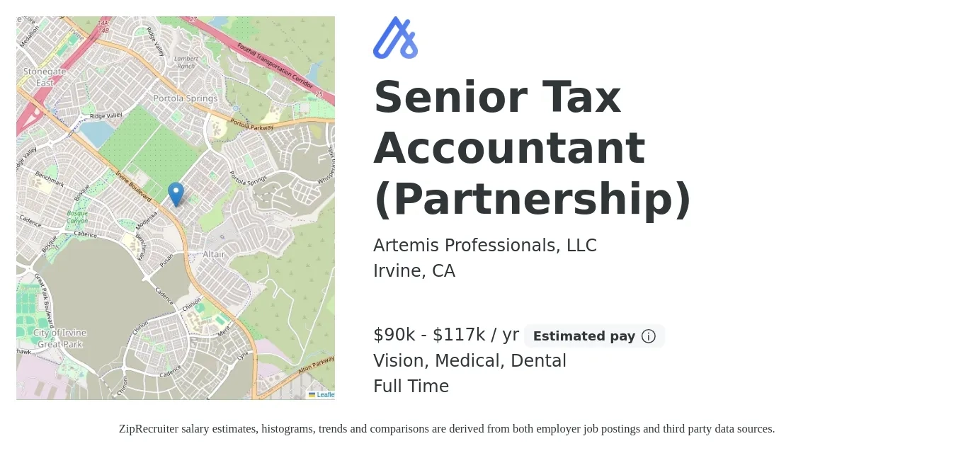 Artemis Professionals, LLC job posting for a Senior Tax Accountant (Partnership) in Irvine, CA with a salary of $90,000 to $117,500 Yearly and benefits including retirement, vision, dental, life_insurance, medical, and pto with a map of Irvine location.