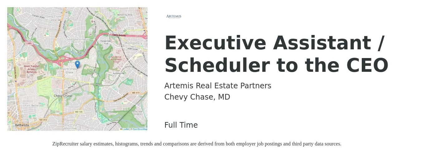 Artemis Real Estate Partners job posting for a Executive Assistant / Scheduler to the CEO in Chevy Chase, MD with a salary of $58,100 to $106,700 Yearly with a map of Chevy Chase location.
