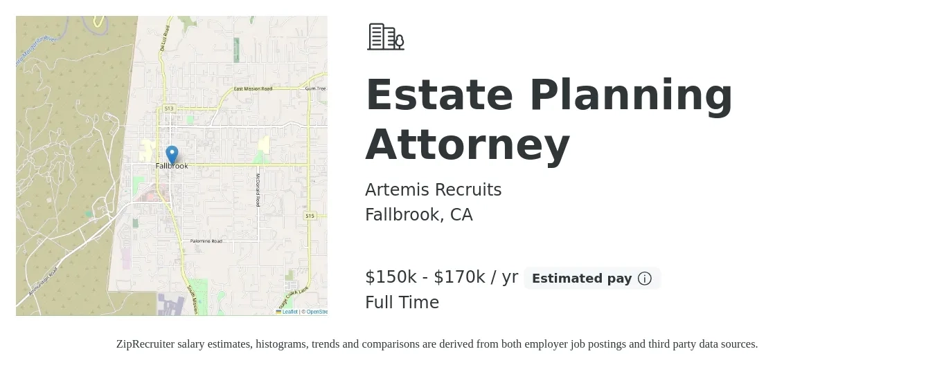 Artemis Recruits job posting for a Estate Planning Attorney in Fallbrook, CA with a salary of $150,000 to $170,000 Yearly with a map of Fallbrook location.