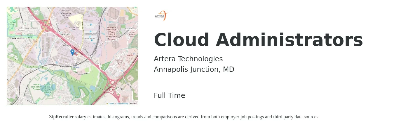 Artera Technologies job posting for a Cloud Administrators in Annapolis Junction, MD with a salary of $46 to $66 Hourly with a map of Annapolis Junction location.