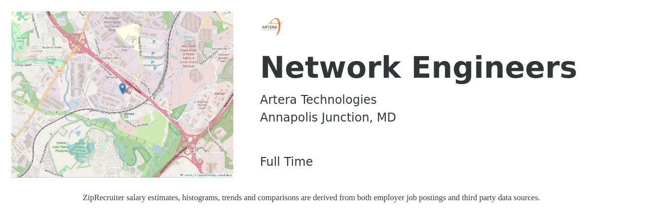 Artera Technologies job posting for a Network Engineers in Annapolis Junction, MD with a salary of $90,900 to $136,400 Yearly with a map of Annapolis Junction location.