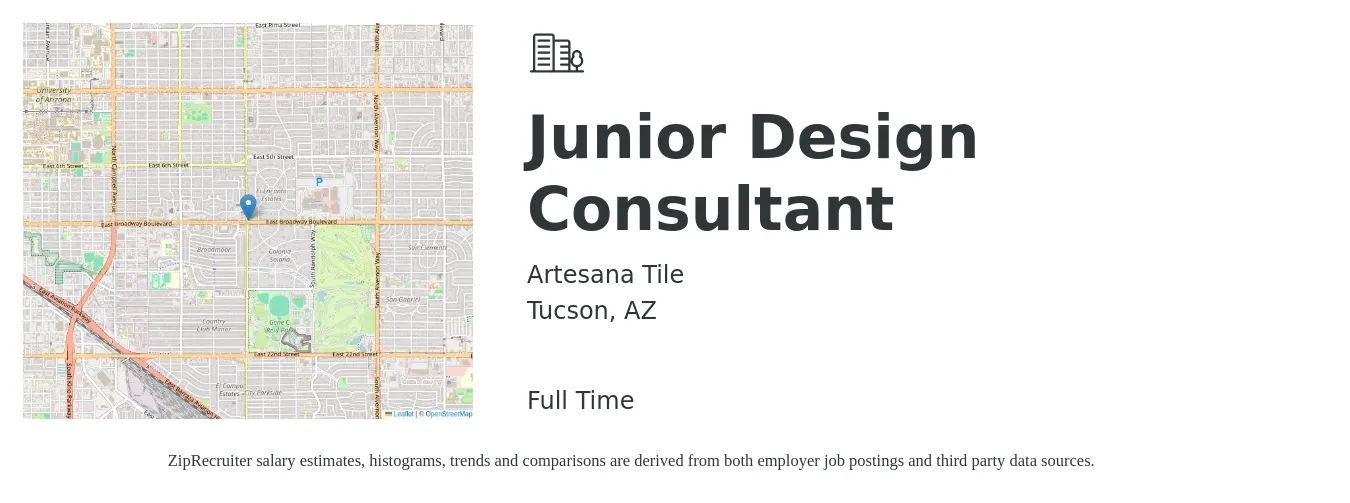 Artesana Tile job posting for a Junior Design Consultant in Tucson, AZ with a salary of $17 to $28 Hourly with a map of Tucson location.
