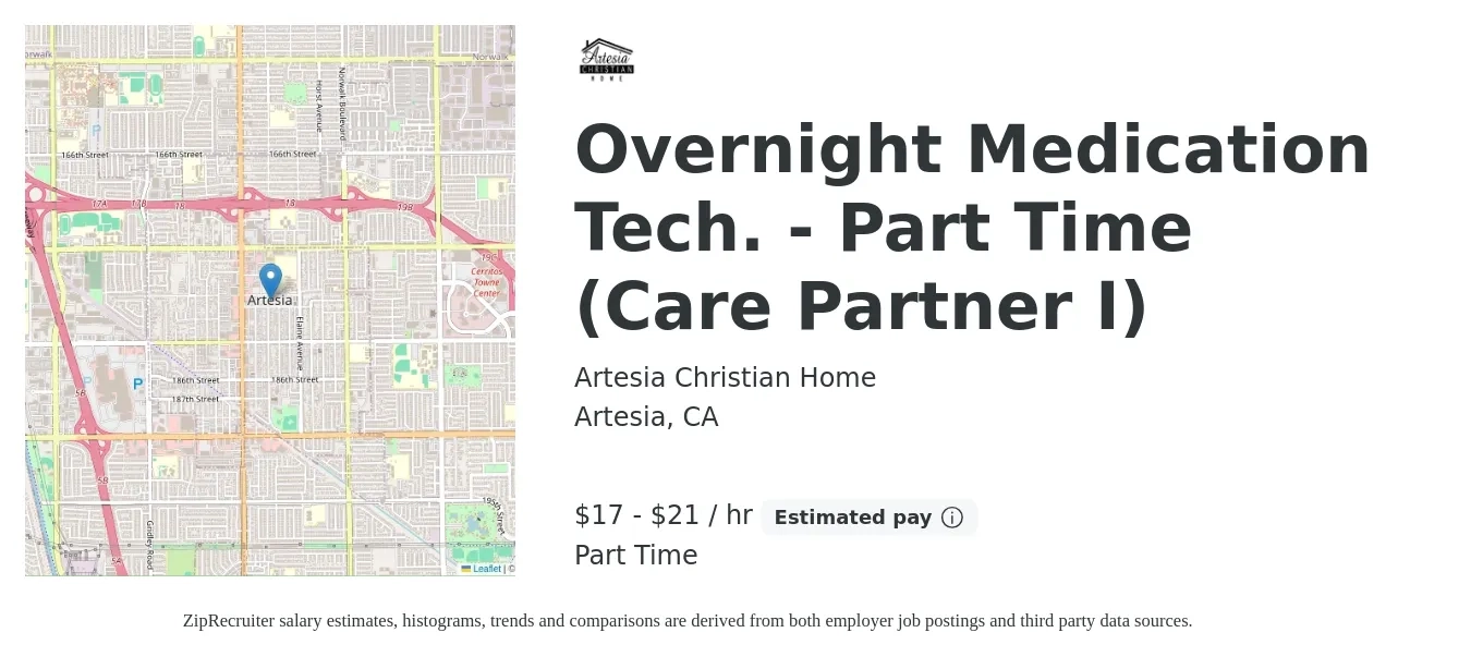 Artesia Christian Home job posting for a Overnight Medication Tech. - Part Time (Care Partner I) in Artesia, CA with a salary of $18 to $22 Hourly with a map of Artesia location.