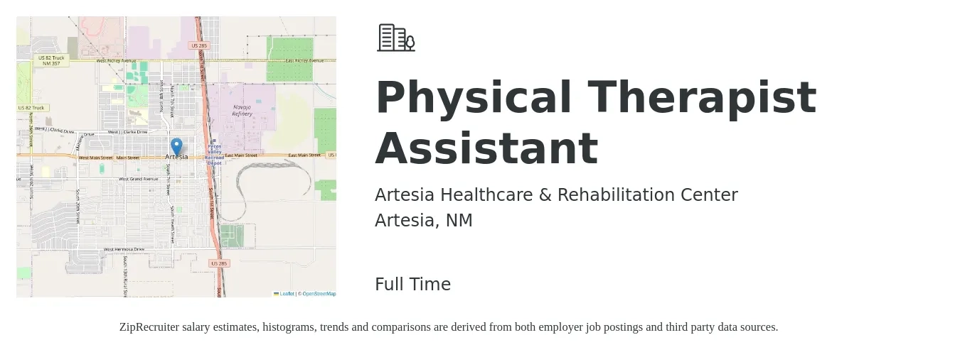 Artesia Healthcare & Rehabilitation Center job posting for a Physical Therapist Assistant in Artesia, NM with a salary of $26 to $35 Hourly with a map of Artesia location.