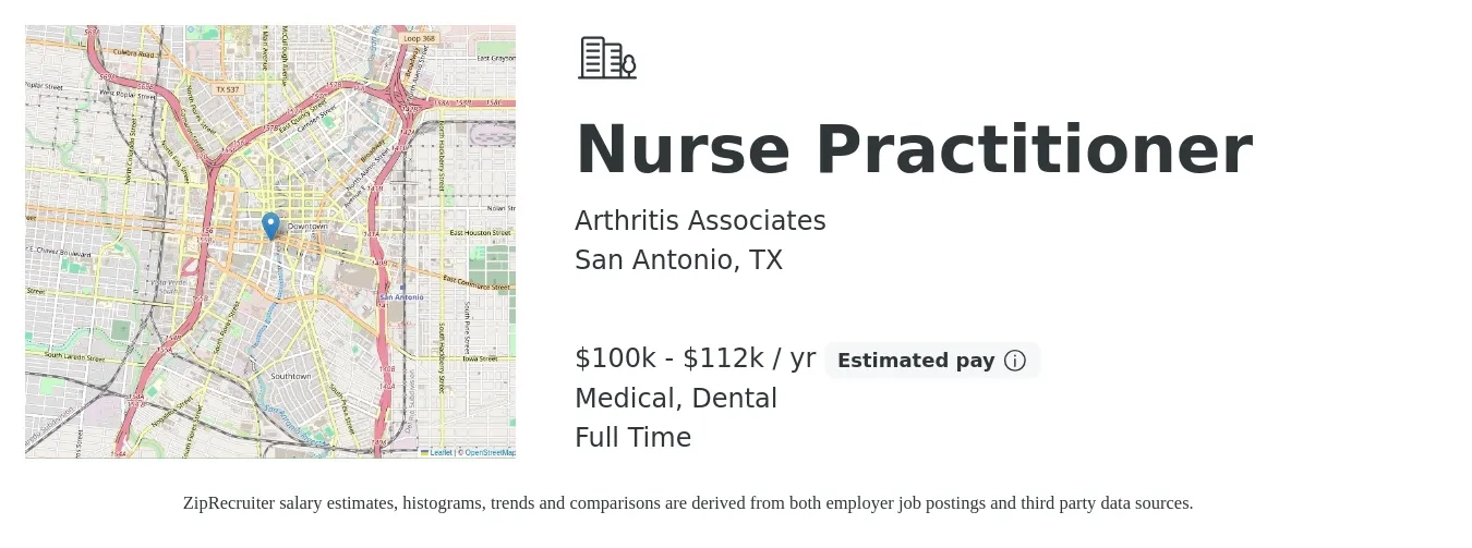 Arthritis Associates job posting for a Nurse Practitioner in San Antonio, TX with a salary of $100,500 to $112,000 Yearly and benefits including dental, medical, and retirement with a map of San Antonio location.