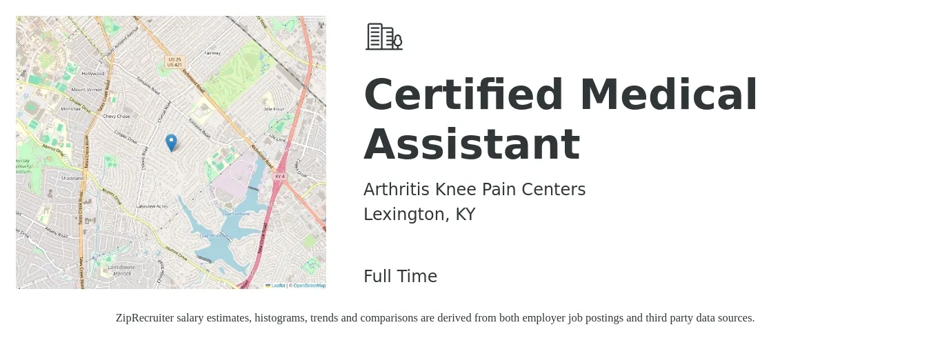 Arthritis Knee Pain Centers job posting for a Certified Medical Assistant in Lexington, KY with a salary of $16 to $20 Hourly with a map of Lexington location.