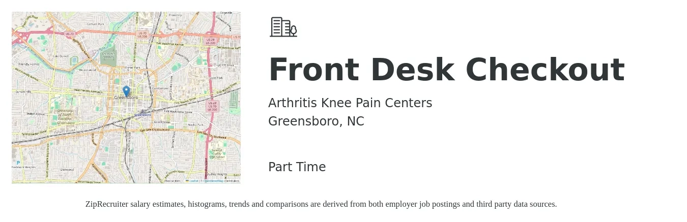 Arthritis Knee Pain Centers job posting for a Front Desk Checkout in Greensboro, NC with a salary of $16 to $20 Hourly with a map of Greensboro location.