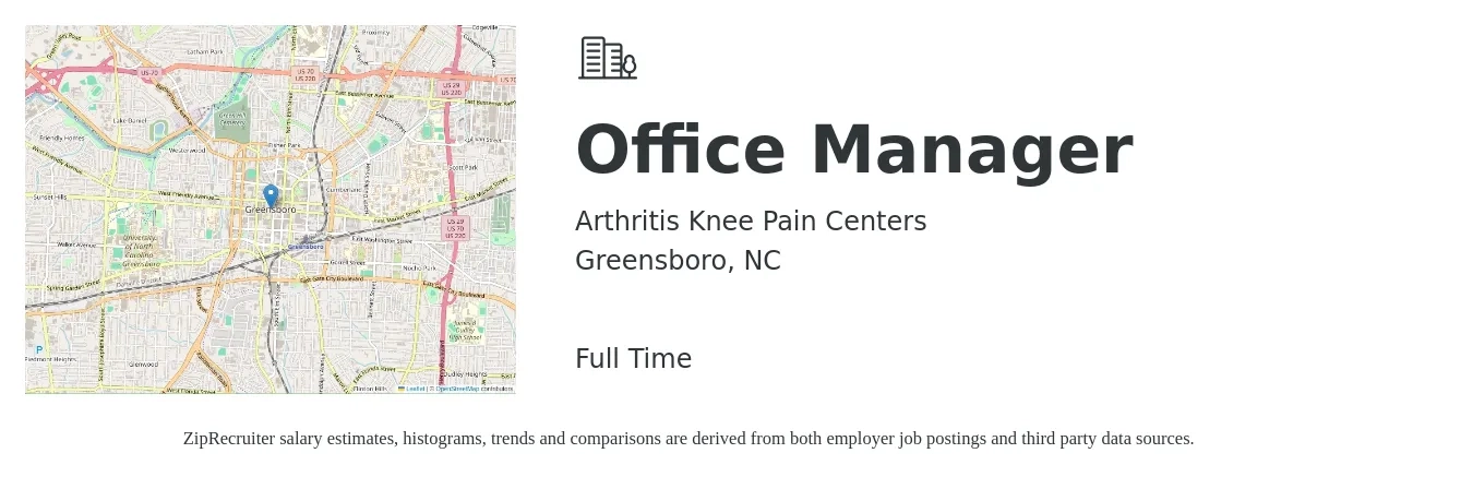Arthritis Knee Pain Centers job posting for a Office Manager in Greensboro, NC with a salary of $38,800 to $57,200 Yearly with a map of Greensboro location.