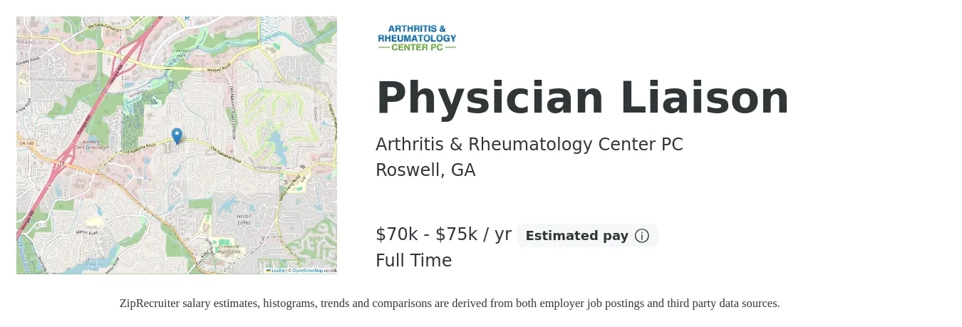 Arthritis & Rheumatology Center PC job posting for a Physician Liaison in Roswell, GA with a salary of $35,000 to $37,000 Yearly with a map of Roswell location.