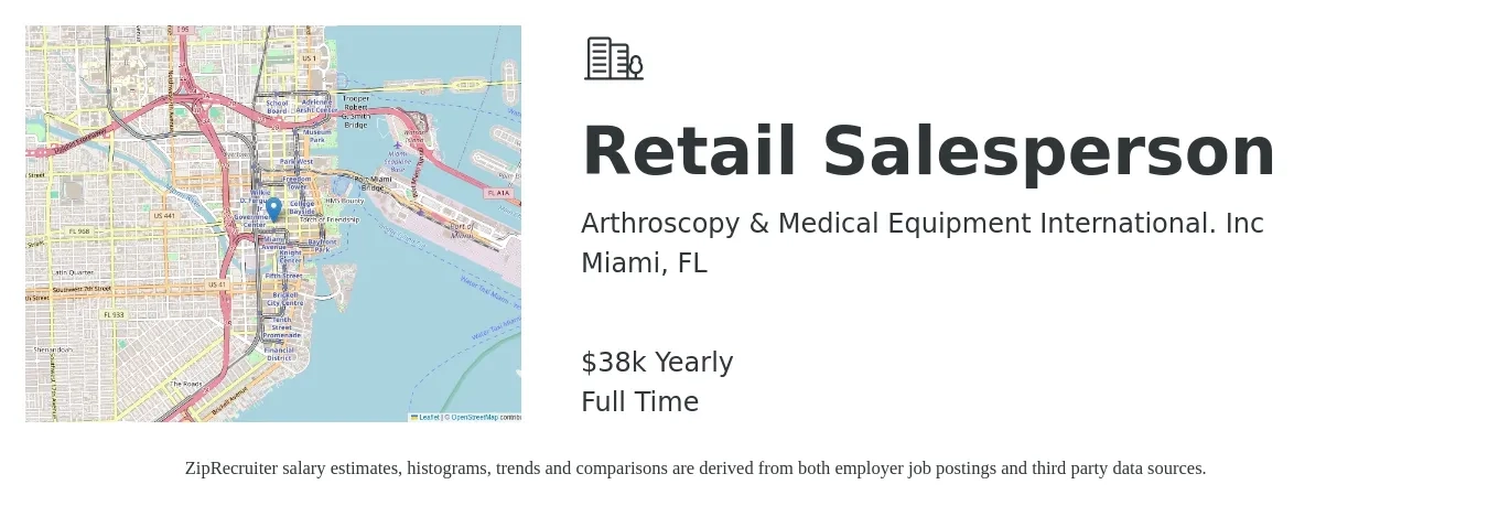 Arthroscopy & Medical Equipment International. Inc job posting for a Retail Salesperson in Miami, FL with a salary of $38,875 Yearly with a map of Miami location.