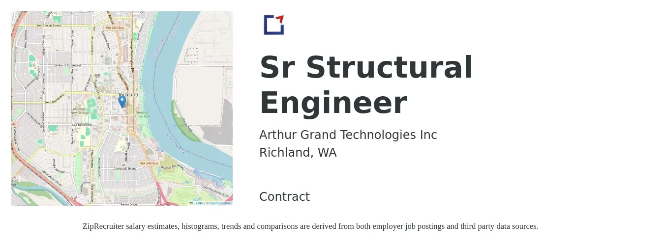 Arthur Grand Technologies Inc job posting for a Sr Structural Engineer in Richland, WA with a salary of $105,000 to $142,700 Yearly with a map of Richland location.