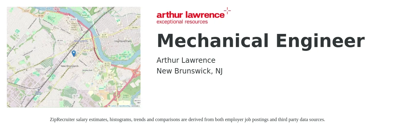 Arthur Lawrence job posting for a Mechanical Engineer in New Brunswick, NJ with a salary of $84,100 to $130,500 Yearly with a map of New Brunswick location.
