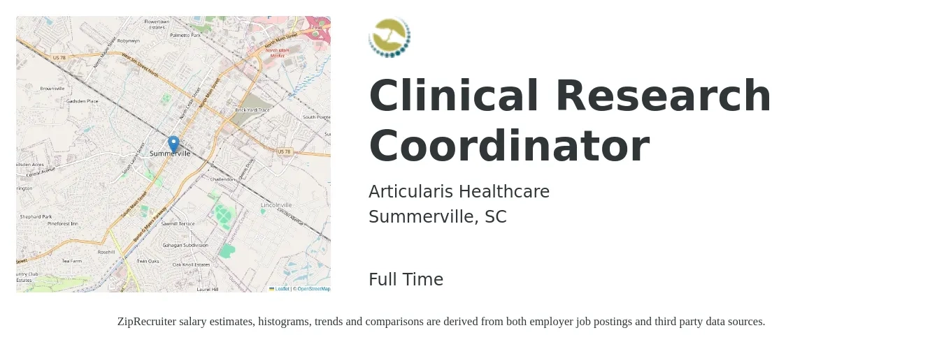 Articularis Healthcare job posting for a Clinical Research Coordinator in Summerville, SC with a salary of $22 to $29 Hourly with a map of Summerville location.
