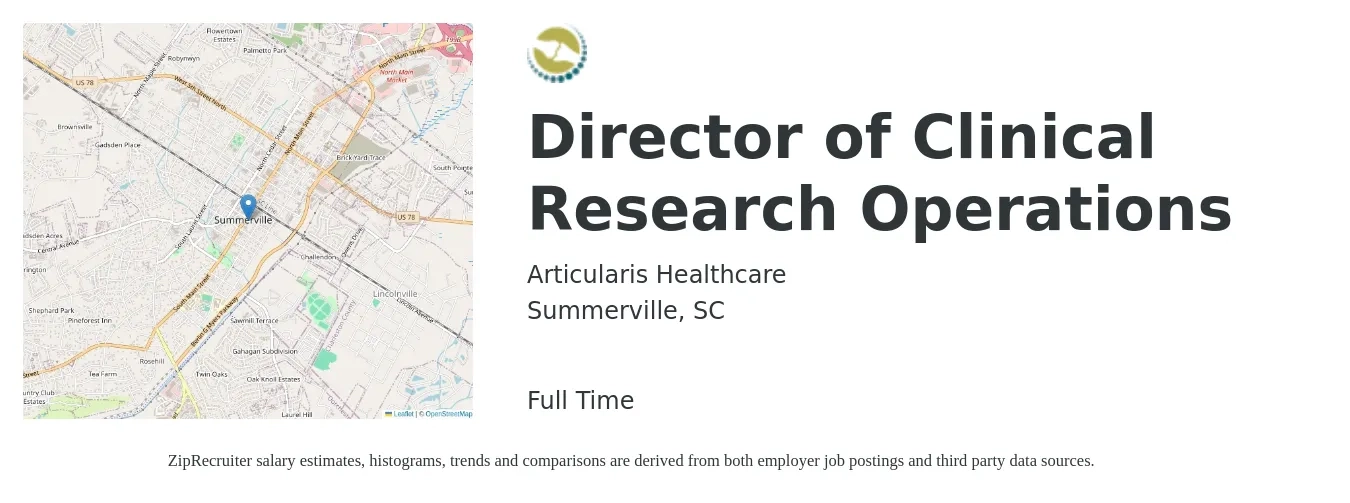 Articularis Healthcare job posting for a Director of Clinical Research Operations in Summerville, SC with a salary of $30 to $67 Hourly with a map of Summerville location.