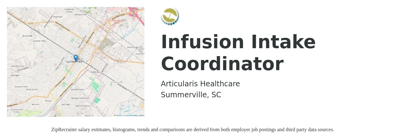 Articularis Healthcare job posting for a Infusion Intake Coordinator in Summerville, SC with a salary of $16 to $22 Hourly with a map of Summerville location.