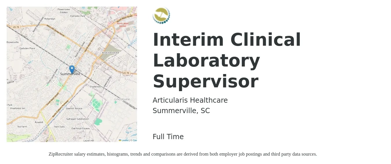 Articularis Healthcare job posting for a Interim Clinical Laboratory Supervisor in Summerville, SC with a salary of $61,000 to $89,700 Yearly with a map of Summerville location.