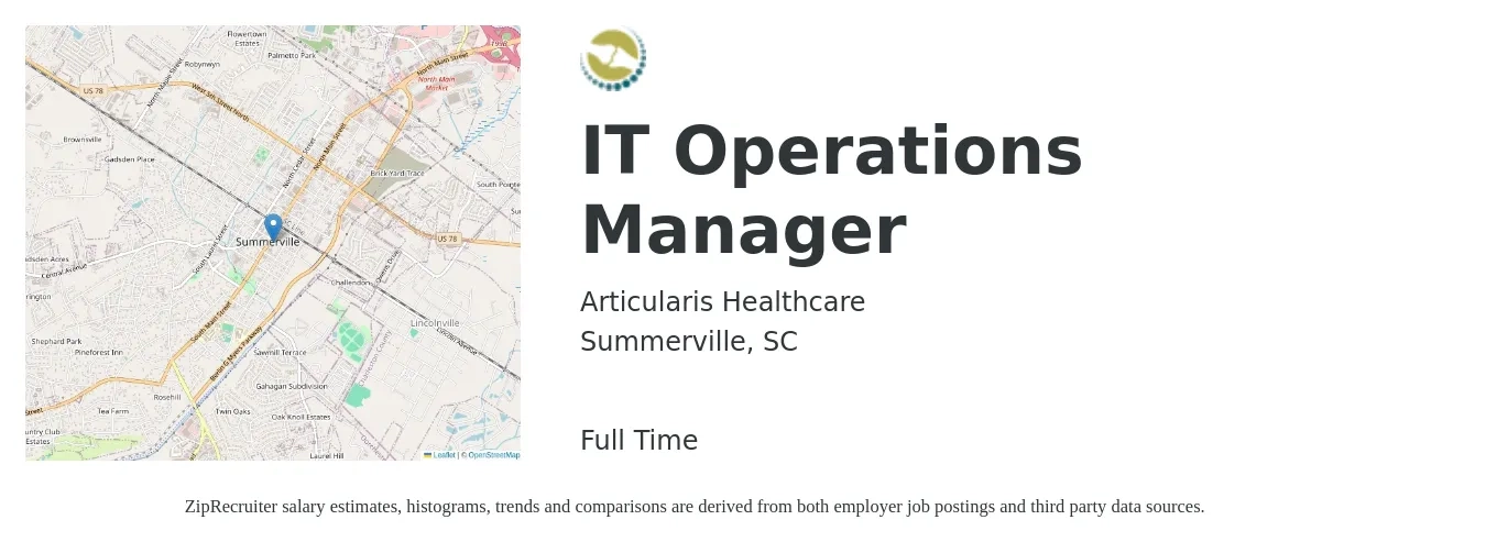 Articularis Healthcare job posting for a IT Operations Manager in Summerville, SC with a salary of $75,400 to $117,100 Yearly with a map of Summerville location.