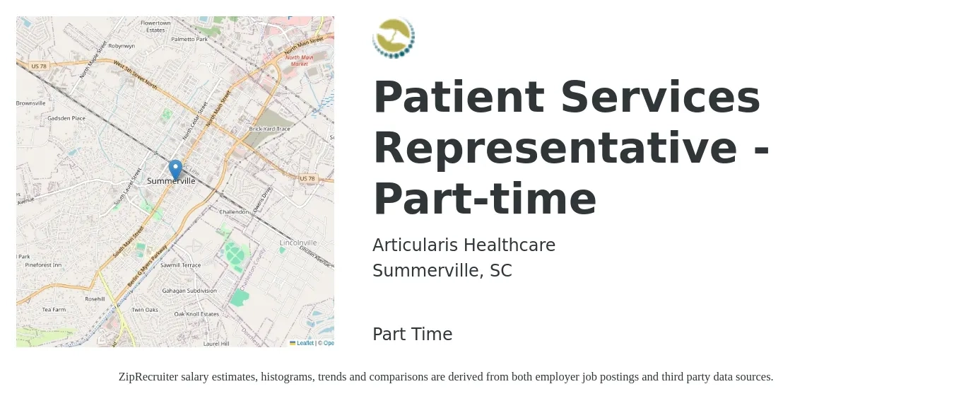 Articularis Healthcare job posting for a Patient Services Representative - Part-time in Summerville, SC with a salary of $16 to $20 Hourly with a map of Summerville location.