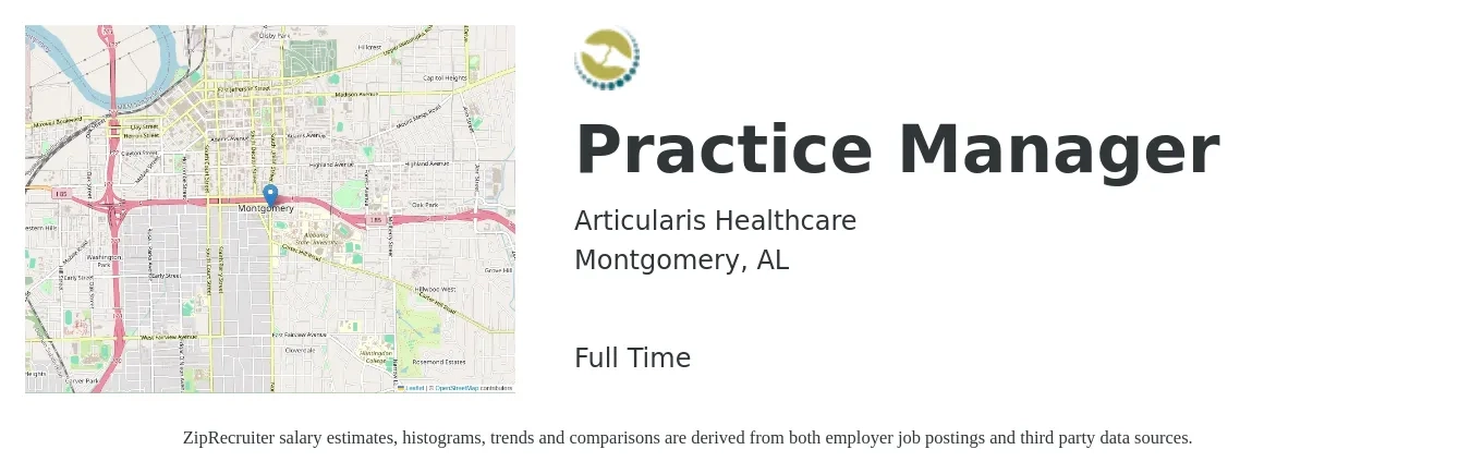 Articularis Healthcare job posting for a Practice Manager in Montgomery, AL with a salary of $56,500 to $78,300 Yearly with a map of Montgomery location.