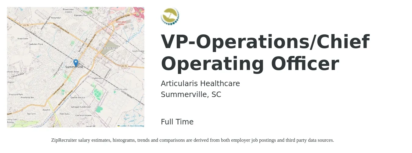 Articularis Healthcare job posting for a VP-Operations/Chief Operating Officer in Summerville, SC with a salary of $103,600 to $166,000 Yearly with a map of Summerville location.