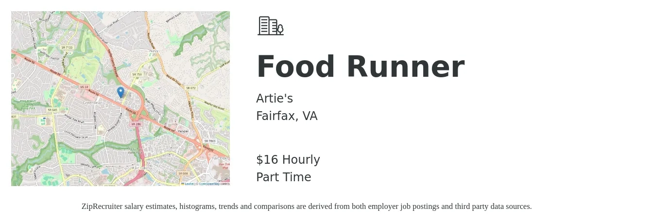 Artie's job posting for a Food Runner in Fairfax, VA with a salary of $17 Hourly with a map of Fairfax location.