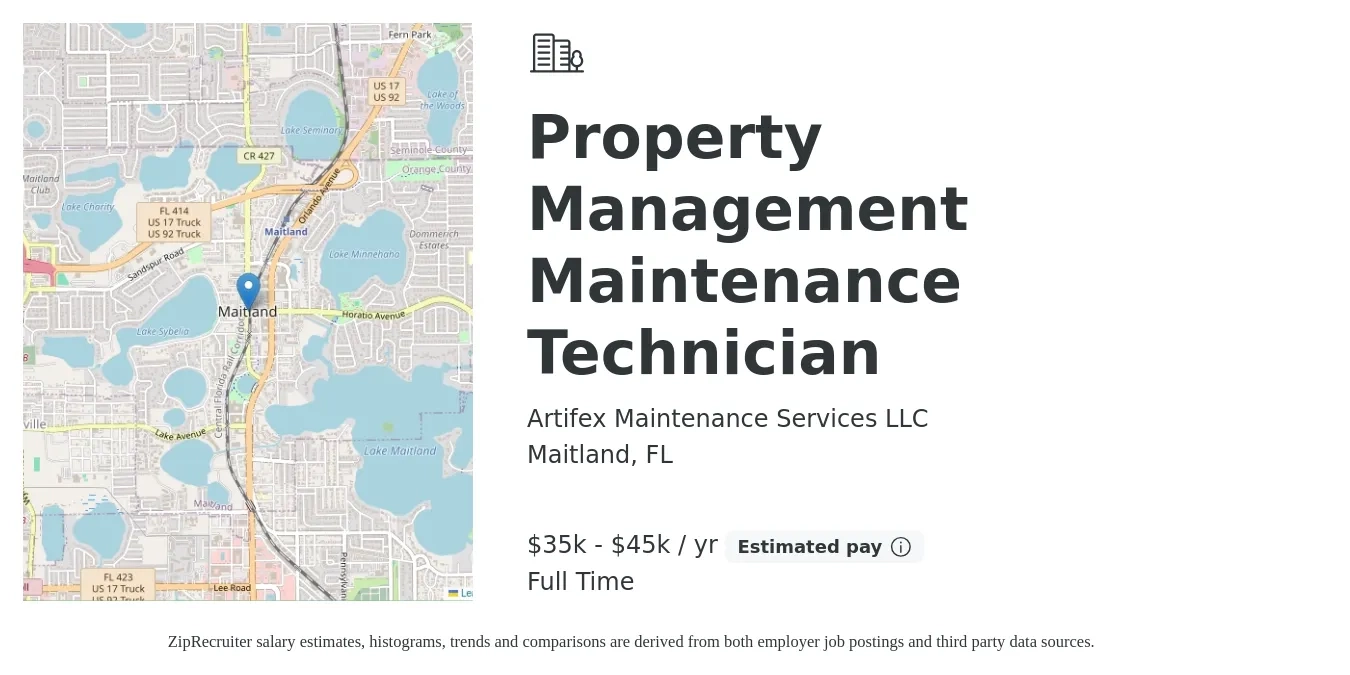 Artifex Maintenance Services LLC job posting for a Property Management Maintenance Technician in Maitland, FL with a salary of $35,000 to $45,000 Yearly with a map of Maitland location.