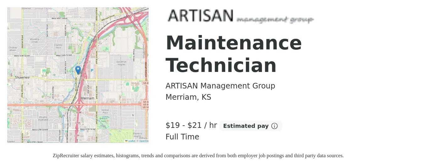 ARTISAN Management Group job posting for a Maintenance Technician in Merriam, KS with a salary of $20 to $22 Hourly with a map of Merriam location.