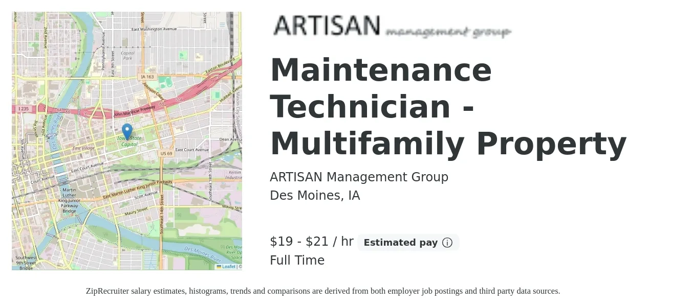 ARTISAN Management Group job posting for a Maintenance Technician - Multifamily Property in Des Moines, IA with a salary of $20 to $22 Hourly with a map of Des Moines location.