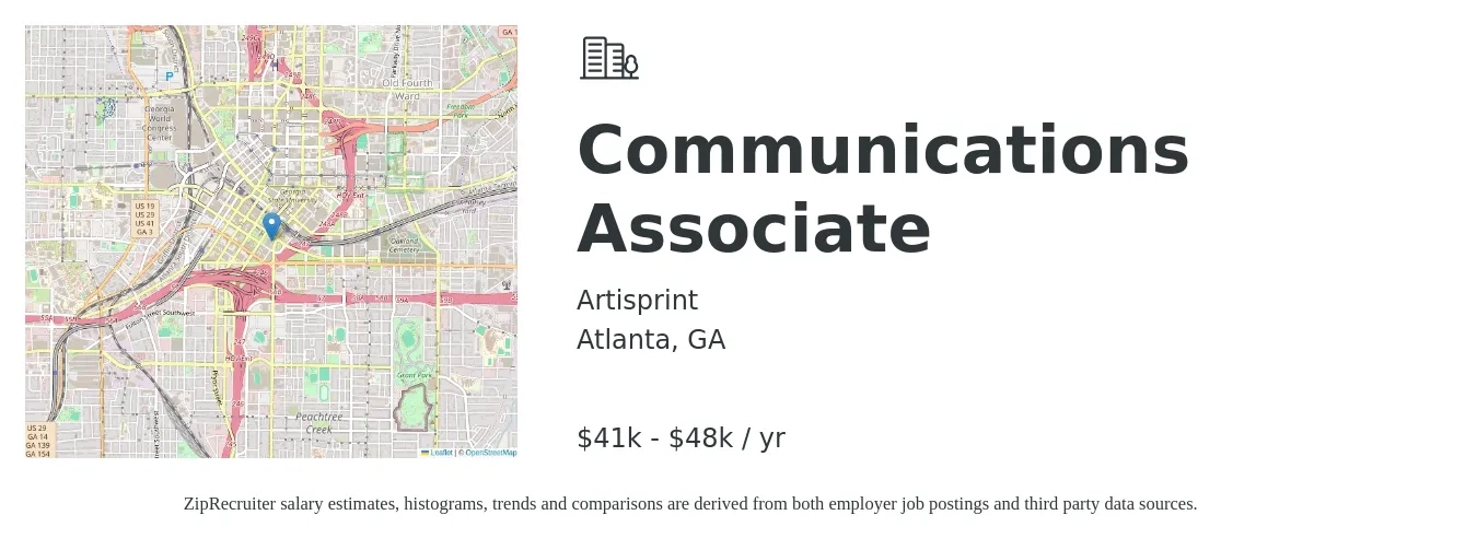 Artisprint job posting for a Communications Associate in Atlanta, GA with a salary of $41,500 to $48,500 Yearly with a map of Atlanta location.