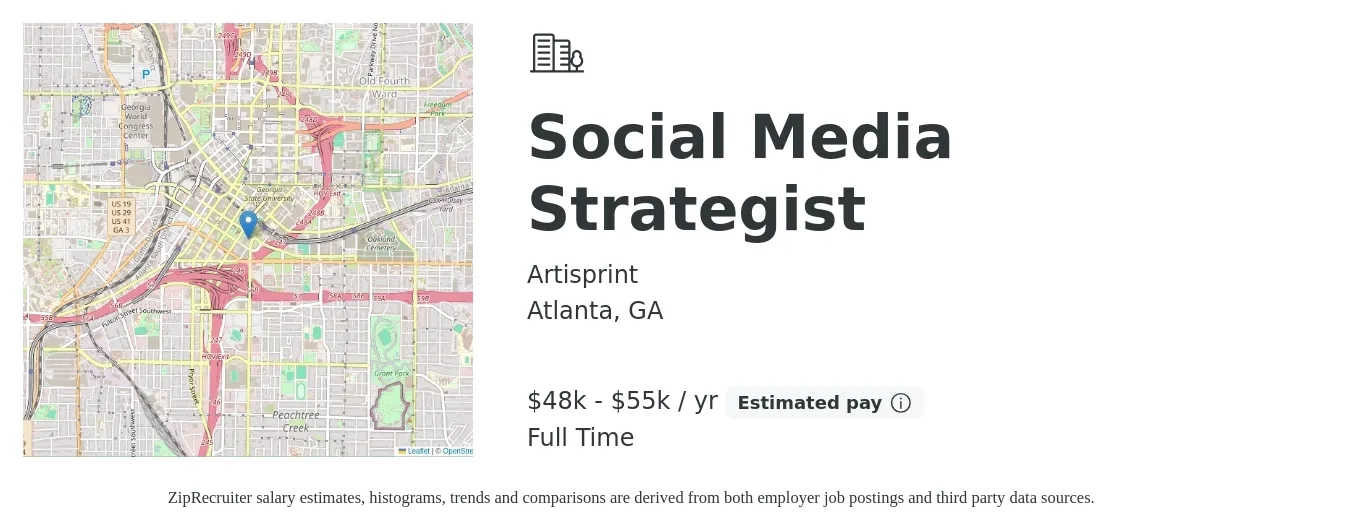 Artisprint job posting for a Social Media Strategist in Atlanta, GA with a salary of $48,500 to $55,000 Yearly with a map of Atlanta location.