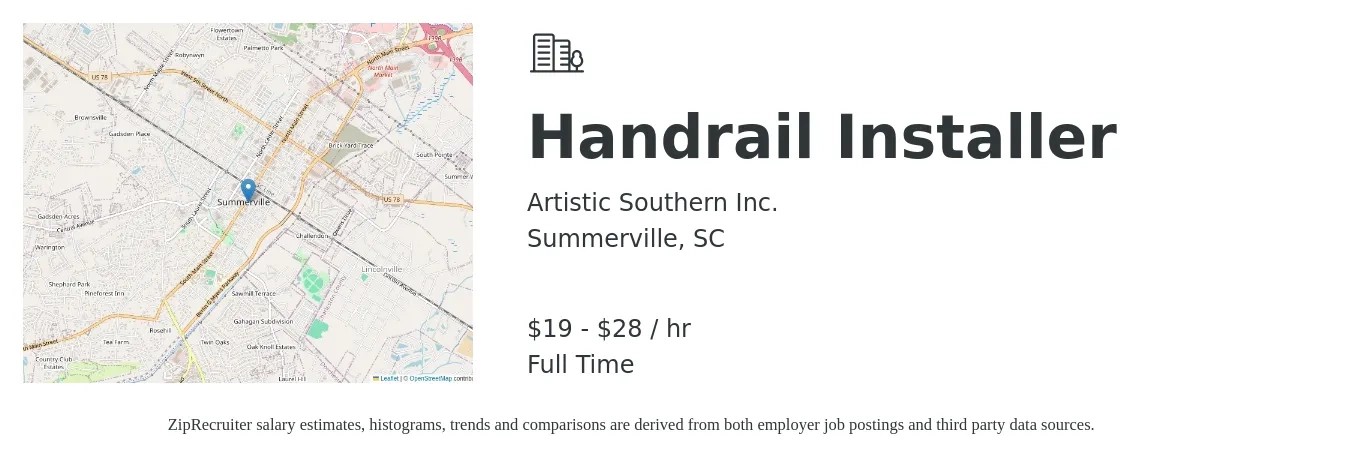 Artistic Southern Inc. job posting for a Handrail Installer in Summerville, SC with a salary of $20 to $30 Hourly with a map of Summerville location.