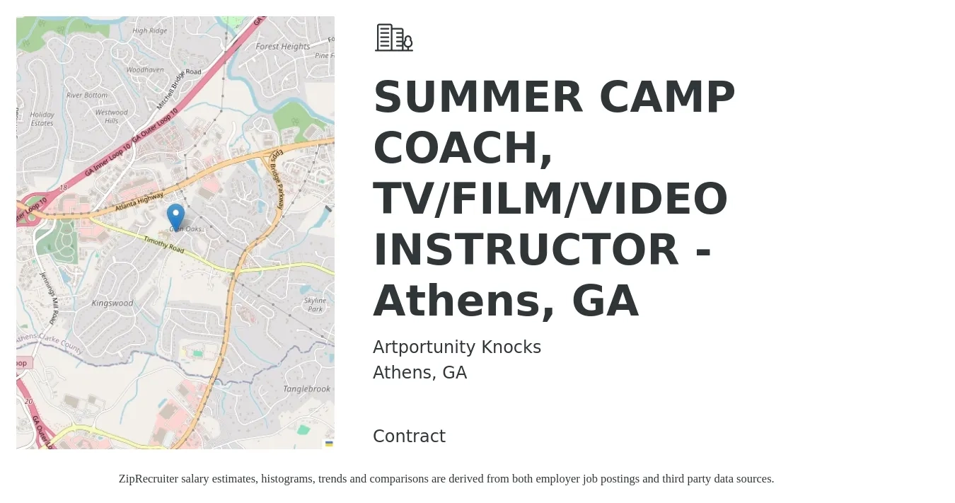 Artportunity Knocks job posting for a SUMMER CAMP COACH, TV/FILM/VIDEO INSTRUCTOR - Athens, GA in Athens, GA with a salary of $15 to $18 Hourly with a map of Athens location.