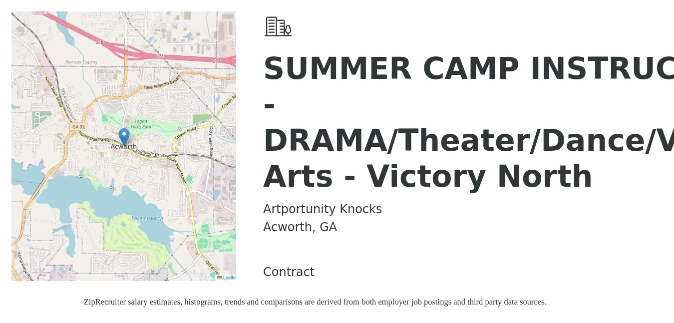 Artportunity Knocks job posting for a SUMMER CAMP INSTRUCTOR - DRAMA/Theater/Dance/Visual Arts - Victory North in Acworth, GA with a salary of $15 to $17 Hourly with a map of Acworth location.