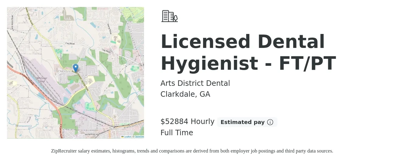 Arts District Dental job posting for a Licensed Dental Hygienist - FT/PT in Clarkdale, GA with a salary of $55,000 Hourly with a map of Clarkdale location.