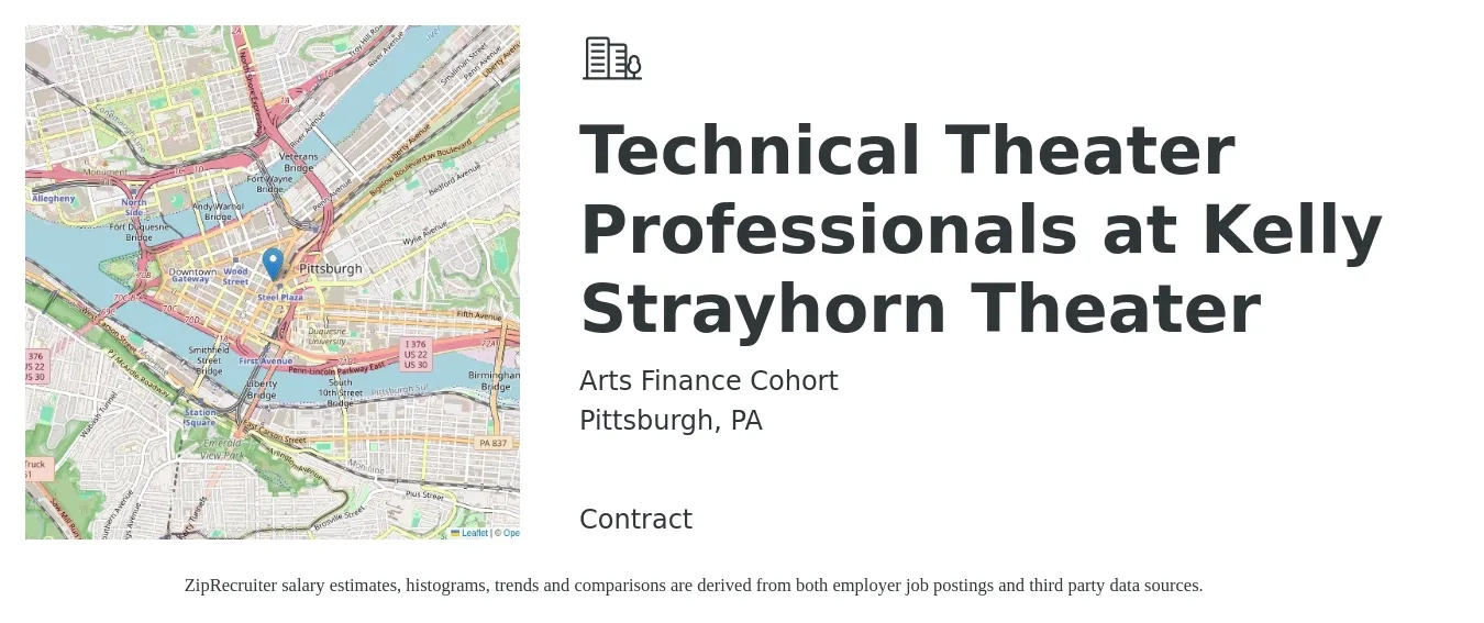 Arts Finance Cohort job posting for a Technical Theater Professionals at Kelly Strayhorn Theater in Pittsburgh, PA with a salary of $15 to $25 Hourly with a map of Pittsburgh location.